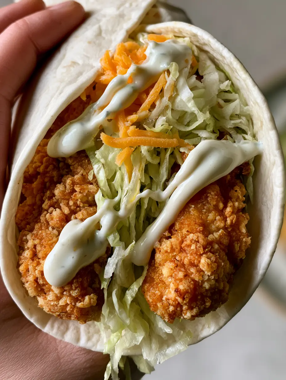 Close up of a hand holding a folded flour tortilla featuring golden-brown fried chicken and fresh greens. (Crispy Chicken Ranch Snack Wrap)