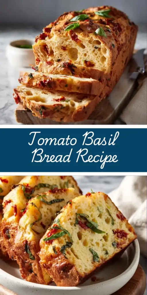 A close-up vertical shot of a thick, rustic slice of Tomato Basil Bread with melted mozzarella and sun-dried tomatoes on a wooden board.