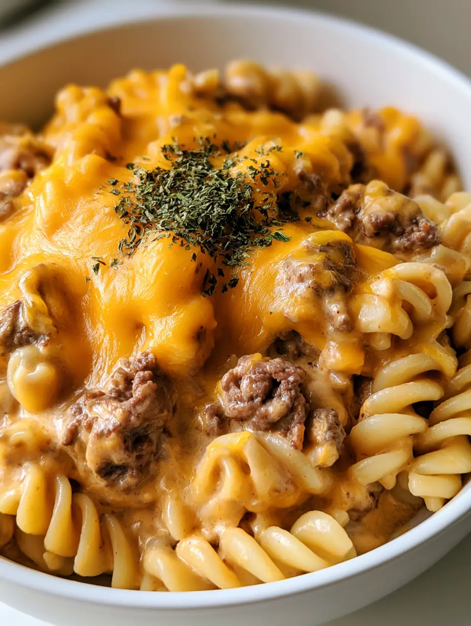 Creamy Crockpot Beef Pasta: The Ultimate Slow Cooker Comfort Food 4 Close up view of rotini pasta in a thick savory brown cream sauce from the Creamy Crockpot Beef Pasta recipe.