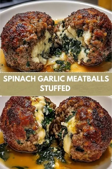 Spinach and Ricotta Stuffed Meatballs in Chunky Tomato Sauce 4 A large hand-rolled Spinach and Ricotta Stuffed Meatball sliced open in a cast iron skillet to reveal a creamy white and green center.