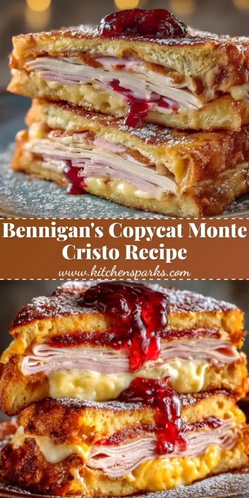 Bennigan's Monte Cristo Recipe: The Ultimate Deep-Fried Copycat 4 A stack of four triangular Bennigan's Monte Cristo wedges heavily dusted with powdered sugar and served with raspberry jam. (Bennigan's Monte Cristo Recipe)