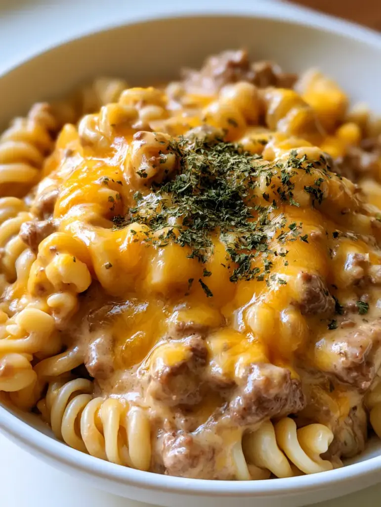 Creamy Crockpot Beef Pasta: The Ultimate Slow Cooker Comfort Food 1 Handheld photo of a white ceramic bowl filled with Creamy Crockpot Beef Pasta garnished with dried green parsley.