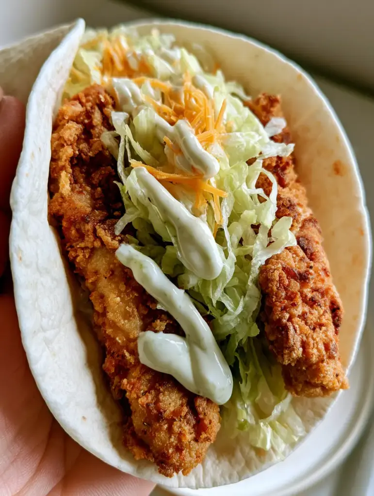 A folded Crispy Chicken Ranch Snack Wrap highlighting the orange cheddar cheese and creamy white dressing.