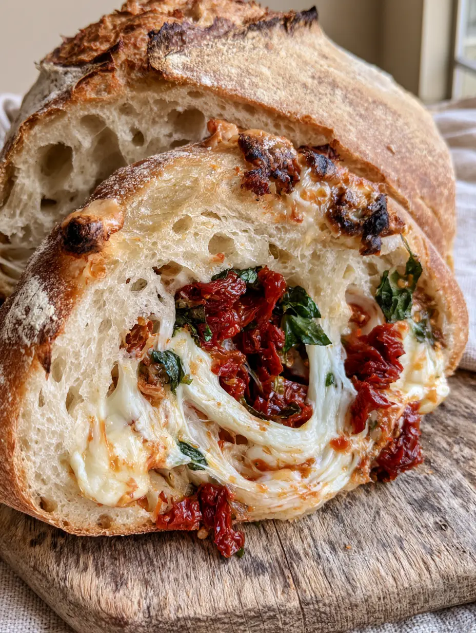 A high-angle shot of a rustic slice of Tomato Basil Bread showing large air pockets and melted cheese.