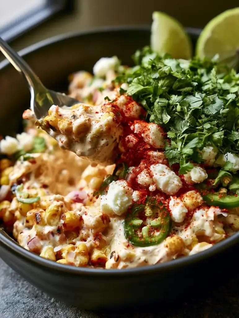 Corn Salad: The Ultimate Fire-Charred Mexican Street Corn Recipe 2 Close up of charred corn kernels with black sear marks coated in white lime dressing and tajin. (Corn Salad)