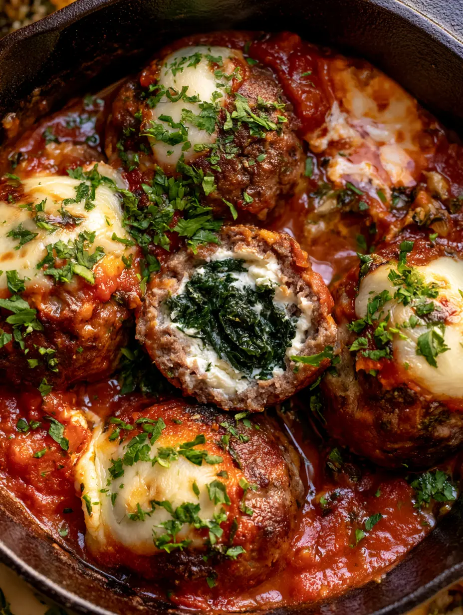 Spinach and Ricotta Stuffed Meatballs in Chunky Tomato Sauce 3 Top-down view of hand-rolled Spinach and Ricotta Stuffed Meatballs simmering in a chunky red tomato sauce with melted mozzarella.
