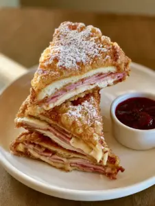 A handheld photo of a classic deep-fried Monte Cristo sandwich stack on a white plate. (Bennigan's Monte Cristo Recipe)