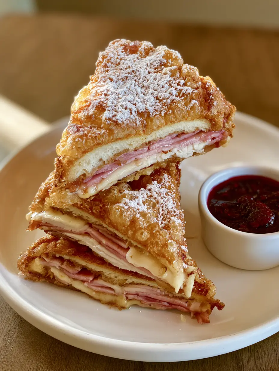 Bennigan's Monte Cristo Recipe: The Ultimate Deep-Fried Copycat 3 A handheld photo of a classic deep-fried Monte Cristo sandwich stack on a white plate. (Bennigan's Monte Cristo Recipe)