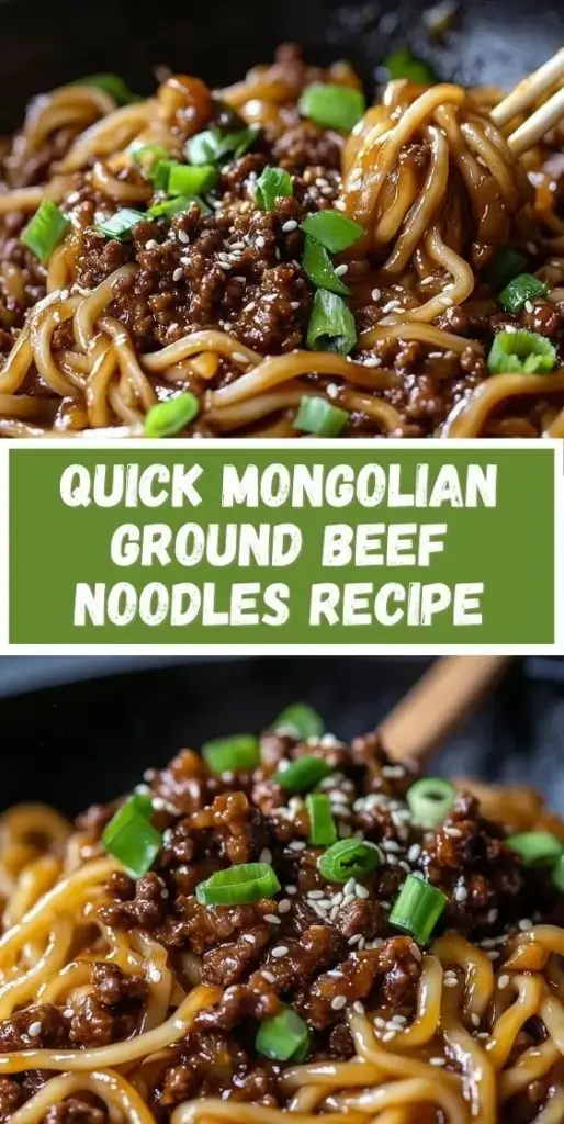 Mongolian Ground Beef Noodles: A 20-Minute Glossy Umami Explosion 4 A top-down Pinterest pin showing a rustic bowl of Mongolian Ground Beef Noodles with glossy sauce and green scallions.