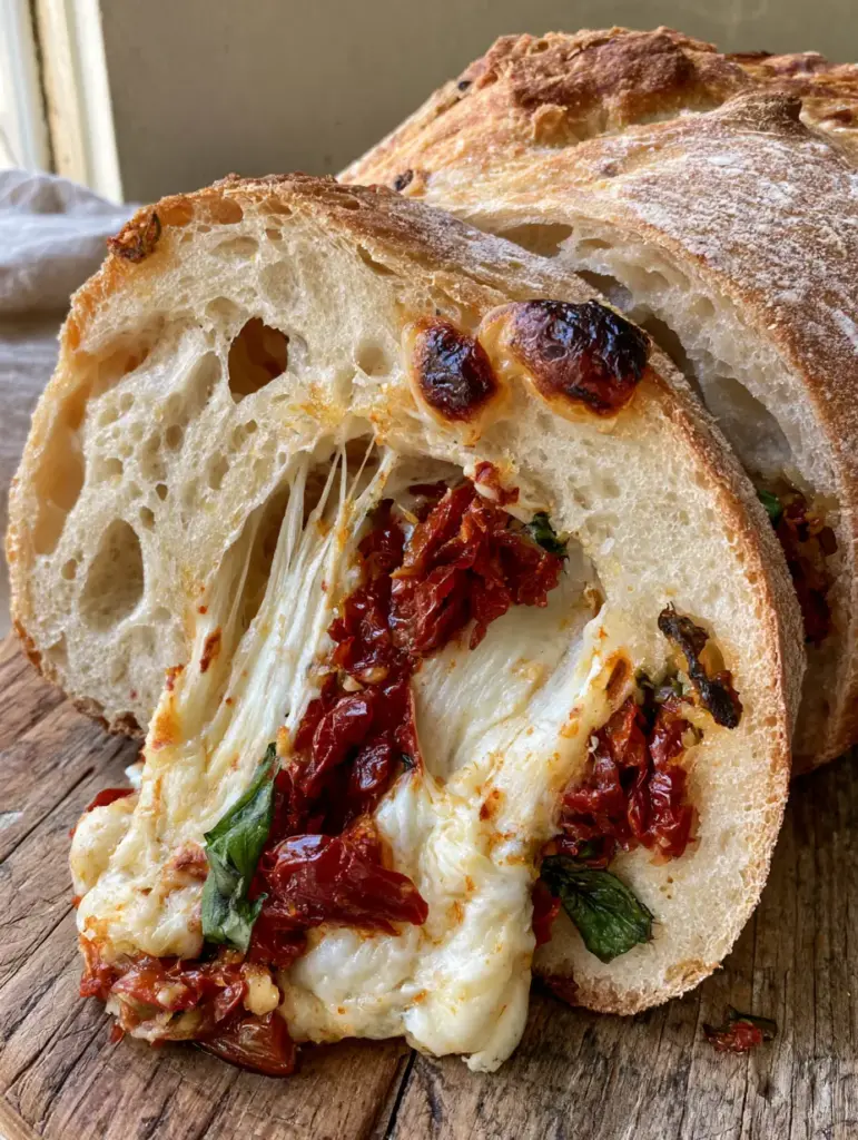 A close-up of a golden-brown artisan Tomato Basil Bread loaf with flour dusting and charred cheese spots.