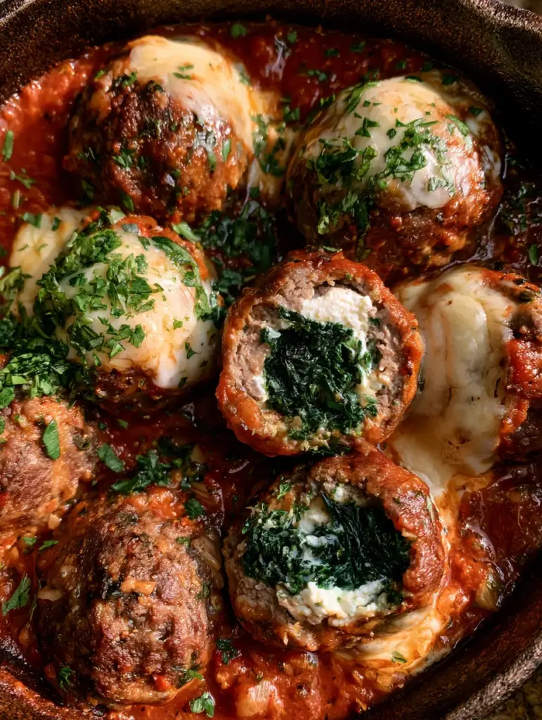 Spinach and Ricotta Stuffed Meatballs in Chunky Tomato Sauce 1 Close up of Spinach and Ricotta Stuffed Meatballs showing the seared texture of the beef and the glossy red herb sauce.