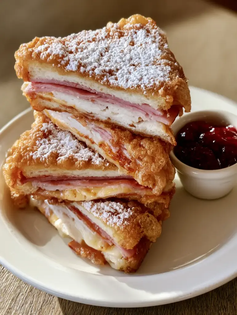 Bennigan's Monte Cristo Recipe: The Ultimate Deep-Fried Copycat 1 Close-up of the melted American and Swiss cheese inside the fried Bennigan's Monte Cristo wedges.