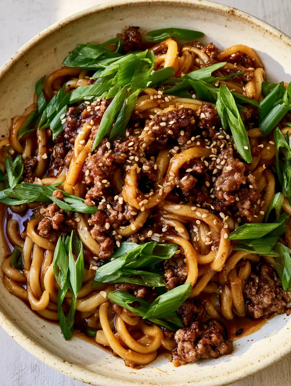 Mongolian Ground Beef Noodles: A 20-Minute Glossy Umami Explosion 3 Close-up of Mongolian Ground Beef Noodles in a cream ceramic bowl with well-seared beef crumbles and sesame seeds.