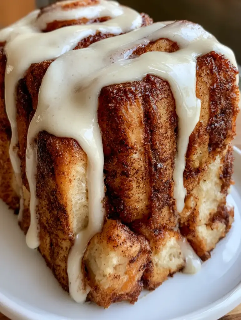 Dollywood Cinnamon Bread: The Famous Grist Mill Copycat Recipe 1 Overhead view of Dollywood Cinnamon Bread with thick white icing dripping down the sides on a white plate.