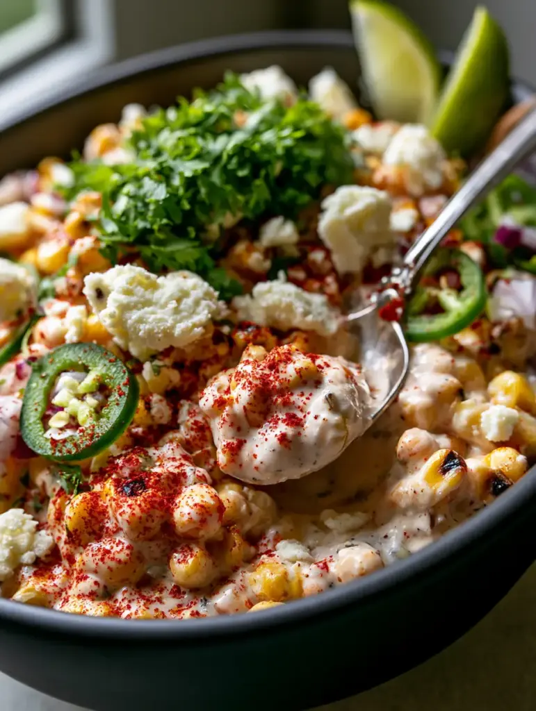 Corn Salad: The Ultimate Fire-Charred Mexican Street Corn Recipe 1 A silver spoon lifting a creamy portion of Mexican street corn salad from a black bowl.