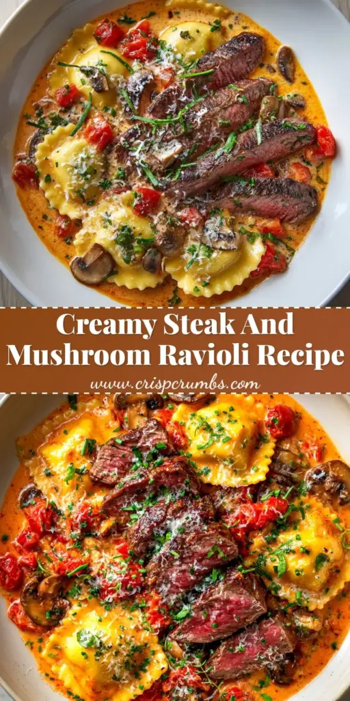 Steak and Mushroom Ravioli with Creamy Pink Tomato Sauce 4 A gourmet plate of Steak and Mushroom Ravioli topped with thick sliced medium-rare steak and a vibrant pink tomato cream sauce, garnished with parsley and parmesan.