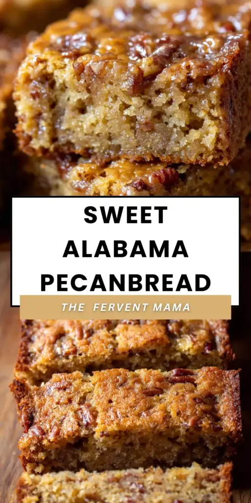 A tall Pinterest pin showing a sliced loaf of Alabama Pecanbread with a dark golden-brown caramelized crust and glossy pecan topping.