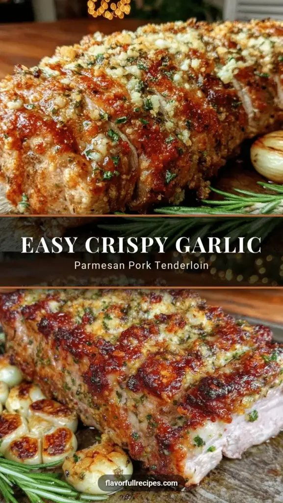 Garlic Parmesan Pork Tenderloin with Roasted Potatoes and Green Beans 4 A Pinterest-style vertical graphic showing Garlic Parmesan Pork Tenderloin sliced on a plate with charred green beans and crispy potatoes.