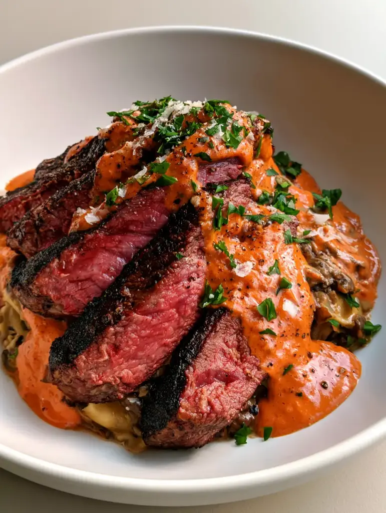 Steak and Mushroom Ravioli with Creamy Pink Tomato Sauce 2 Close up handheld smartphone photo of Steak and Mushroom Ravioli in a white bowl with charred steak slices and pink sauce.