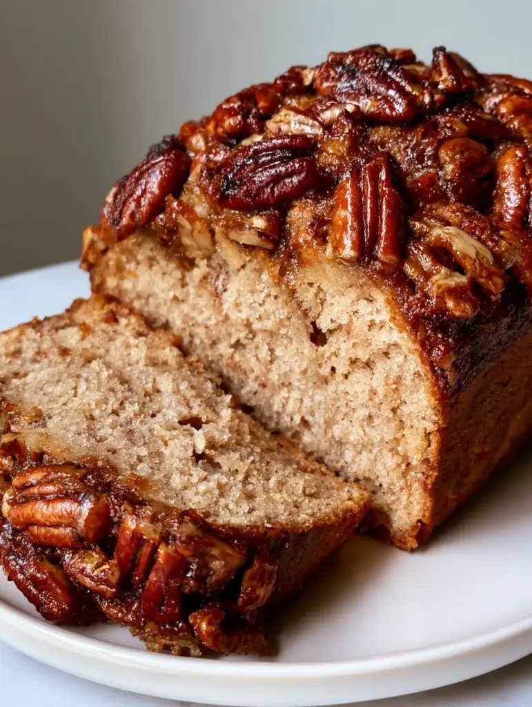 A close-up shot of a sliced loaf of Alabama Pecanbread showing the moist light-brown crumb and toasted pecan crust. (Alabama Pecanbread)