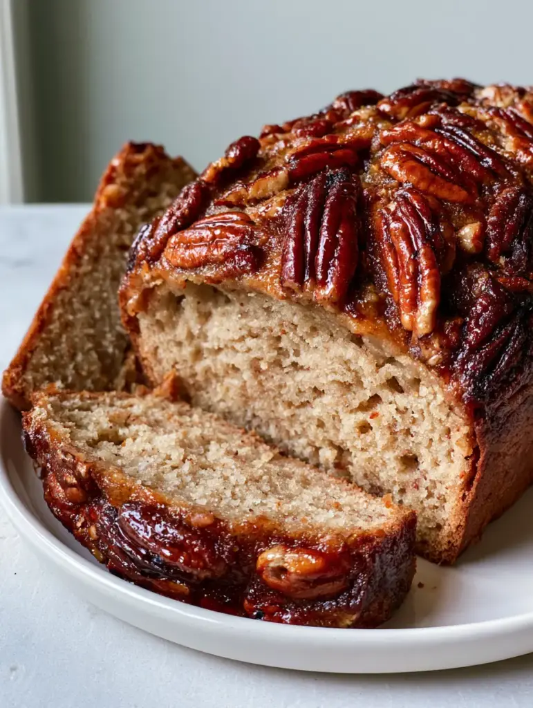 Macro view of the deeply caramelized dark golden-brown crust of Alabama Pecanbread with glossy sugar sheen.
