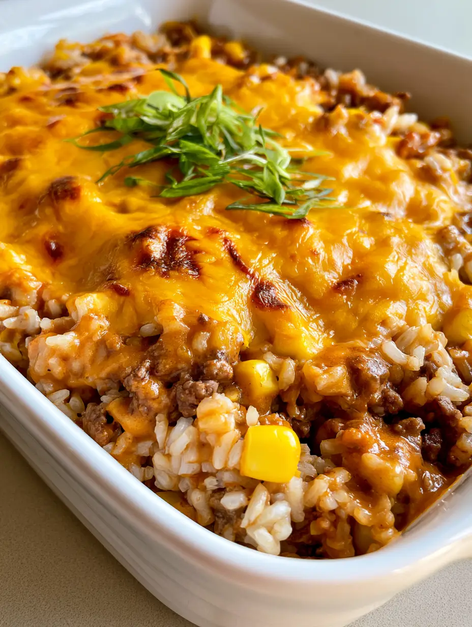 Close-up of a dense Hamburger Rice Casserole showing ground beef, corn, and a thick orange sauce.