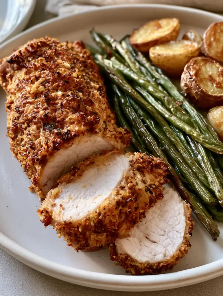 Garlic Parmesan Pork Tenderloin with Roasted Potatoes and Green Beans 1 Plated Garlic Parmesan Pork Tenderloin with a side of charred green beans and roasted baby potatoes.