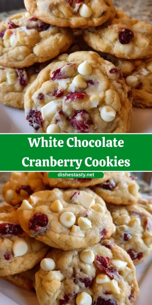 White Chocolate Cranberry Cookies: The Ultimate Soft-Baked Recipe 4 A close-up vertical shot of White Chocolate Cranberry Cookies stacked on parchment paper, showing thick textures and red cranberries.