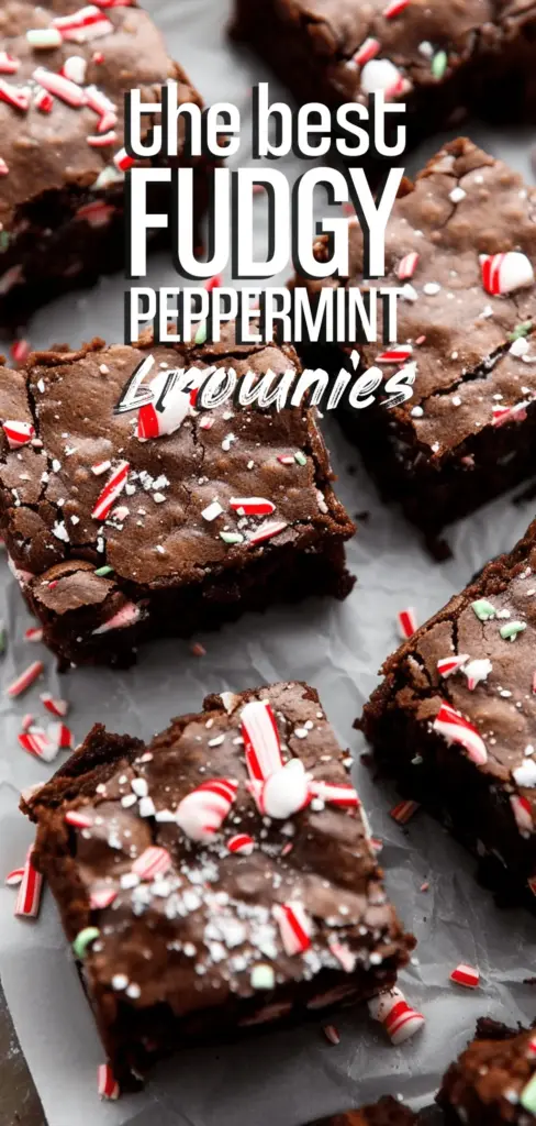 A tall Pinterest pin showing a thick Peppermint Brownie with dense chocolate base, white frosting, and red candy cane pieces on a white plate. (Peppermint Brownies)