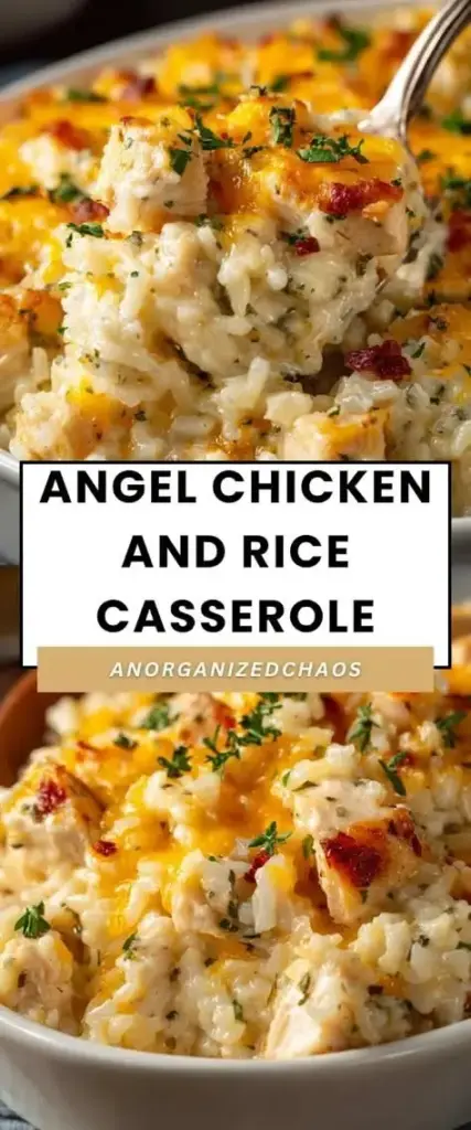 Overhead shot of Angel Chicken and Rice Casserole in a white dish with golden bubbly cheese and green parsley garnish.