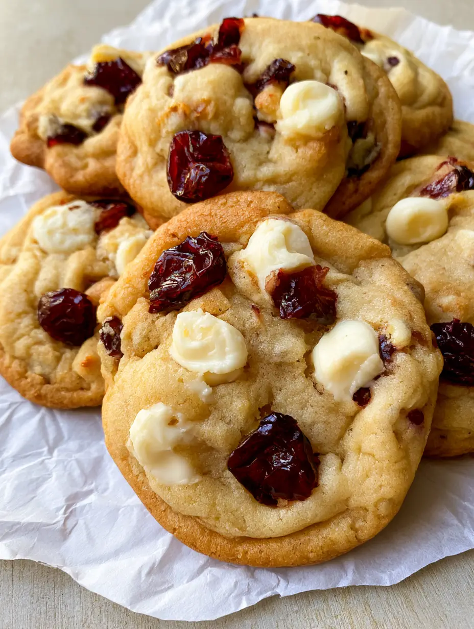 White Chocolate Cranberry Cookies: The Ultimate Soft-Baked Recipe 3 A handheld smartphone photo of thick White Chocolate Cranberry Cookies with a light golden-brown, matte crinkled surface.