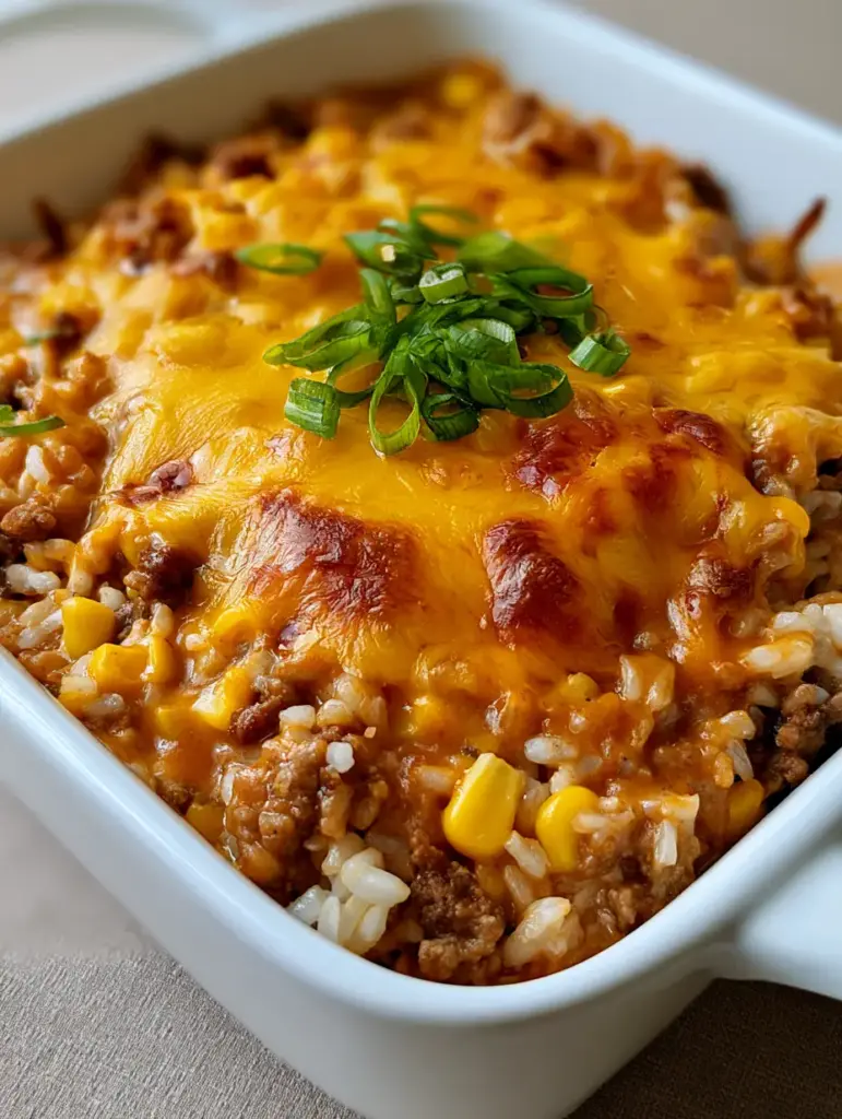 Overhead view of a Hamburger Rice Casserole in a white ceramic baking dish with melted cheddar spots.