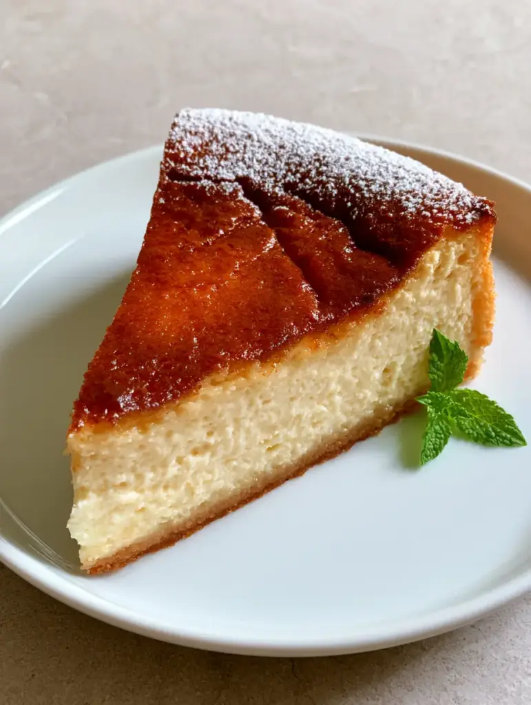 Sicilian Ricotta Cheesecake: The Authentic Crustless Italian Dessert 1 Overhead view of a Sicilian Ricotta Cheesecake slice with natural fissures and a mint garnish.