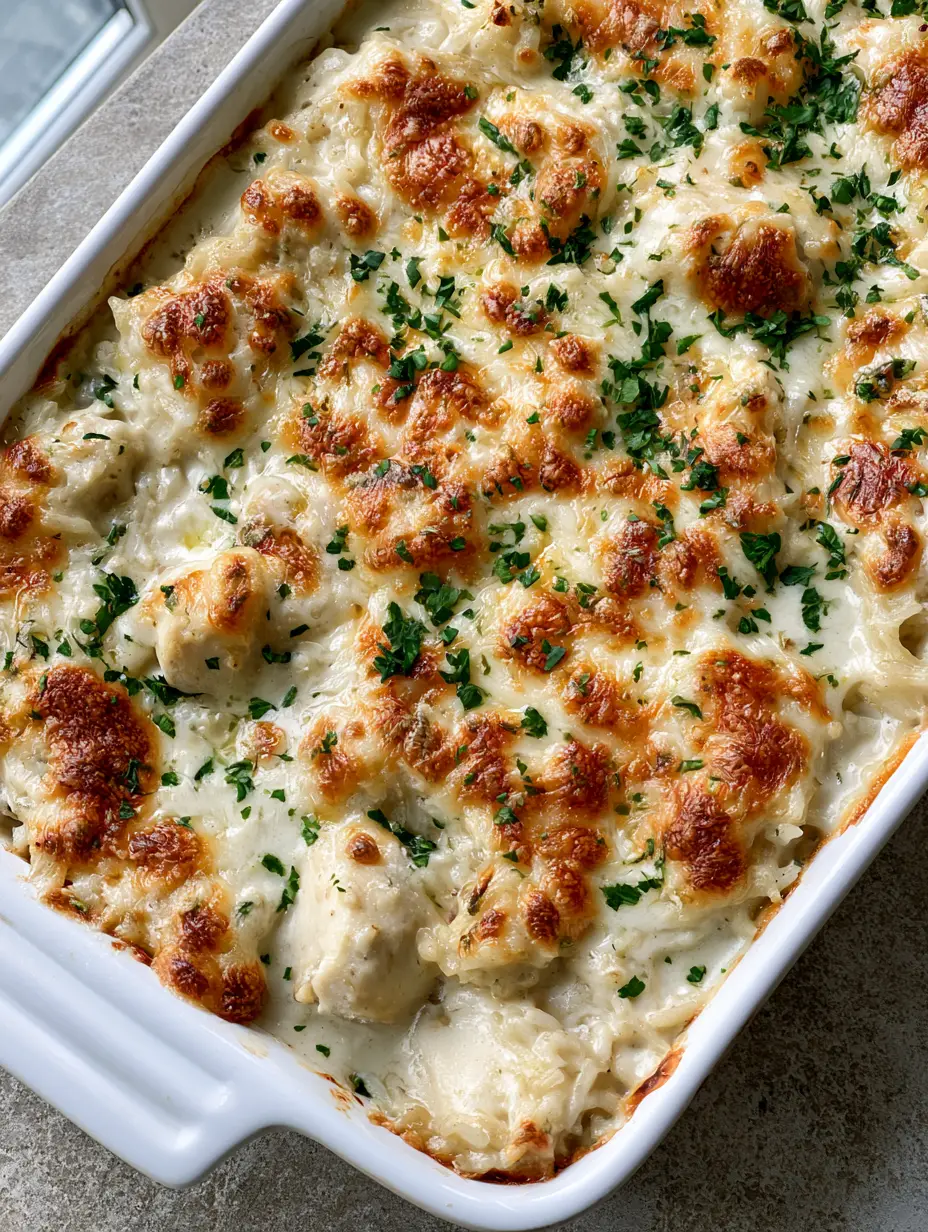 Close-up of creamy rice and pulled chicken chunks in a white ceramic baking dish. (Angel Chicken and Rice Casserole)