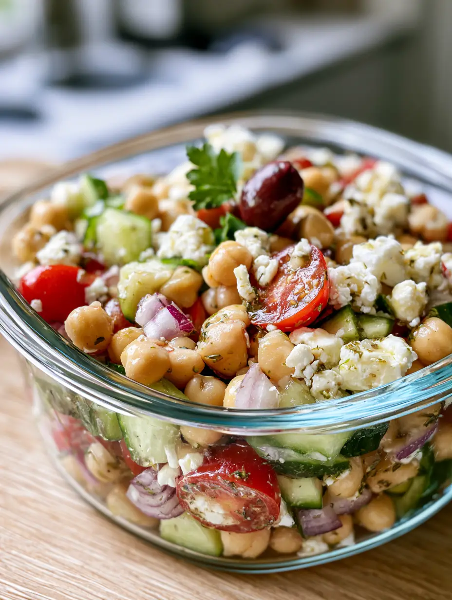 Close-up of golden chickpeas and diced English cucumbers in a Mediterranean feta salad.
