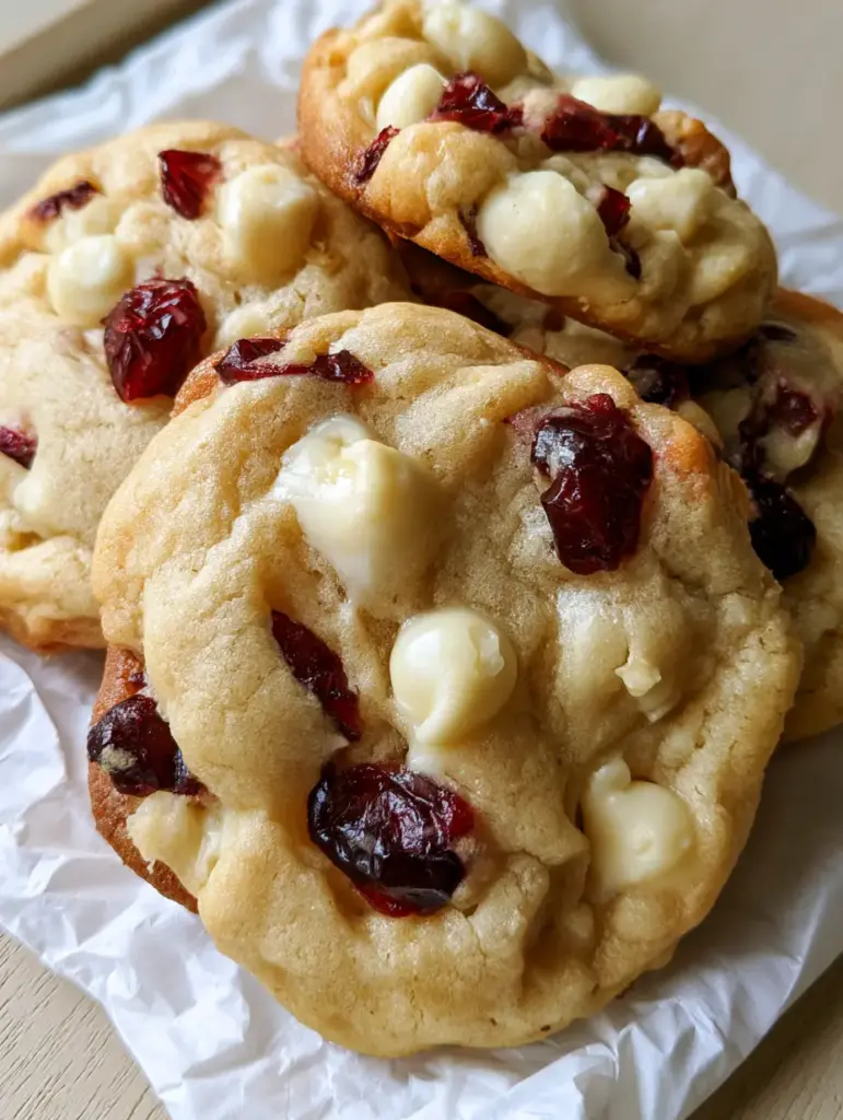 White Chocolate Cranberry Cookies: The Ultimate Soft-Baked Recipe 1 A pile of White Chocolate Cranberry Cookies on a light wooden surface in natural daylight.