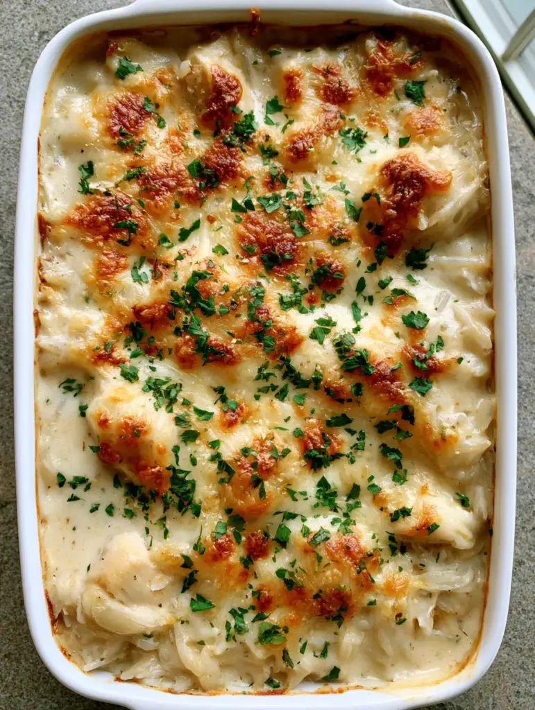 A close-up of melted mozzarella and parmesan cheese with golden-brown spots on top of a chicken and rice casserole.