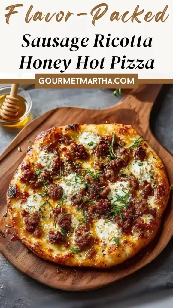 A rustic oval Hot Honey Ricotta Pizza with charred leopard spots on the crust, topped with beef sausage, ricotta dollops, and a glossy honey drizzle.
