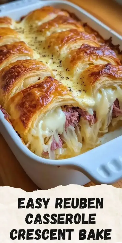 Reuben Casserole With Flaky Crescent Crust and Caraway Seeds 4 A handheld smartphone photo showing a Reuben Casserole in a white dish with a flaky crescent crust and caraway seeds.