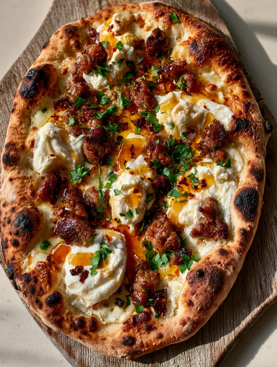 Close up of a Hot Honey Ricotta Pizza showing the bubbly crust and seared beef sausage crumbles with fresh parsley.