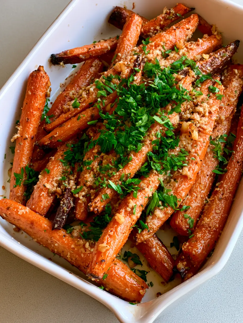 Garlic Parmesan Roasted Carrots (The Ultimate Crispy Side Dish) 3 Close up shot of Garlic Parmesan Roasted Carrots with visible minced garlic and parsley garnish.