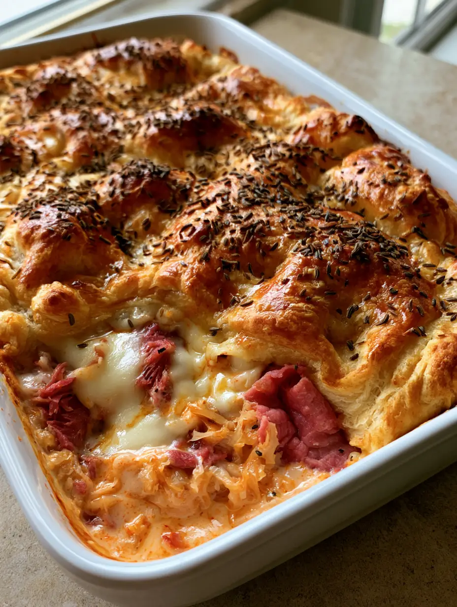 Reuben Casserole With Flaky Crescent Crust and Caraway Seeds 3 Close up of a Reuben Casserole featuring melted Swiss cheese and pink corned beef under a golden pastry.
