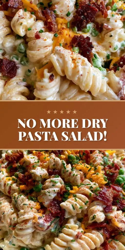 A top-down angled close-up of bacon ranch pasta salad in a white bowl showing glossy rotini, orange cheddar, and deep-red bacon crumbles.
