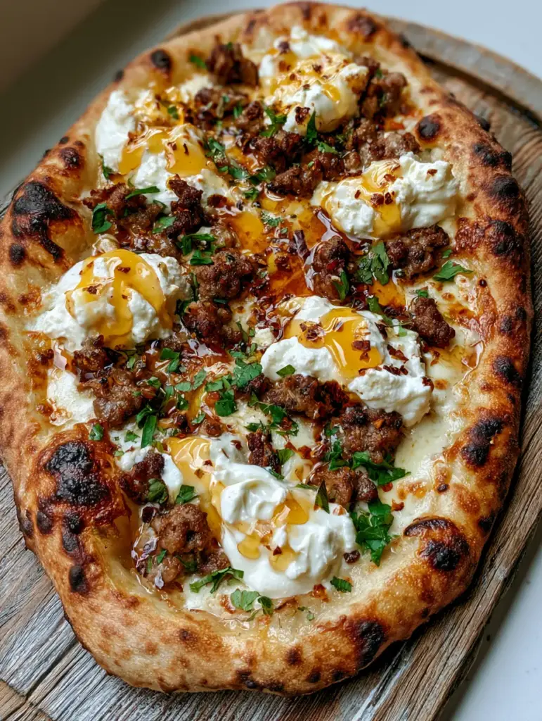 A top-down shot of the finished Hot Honey Ricotta Pizza on a weathered wooden board.