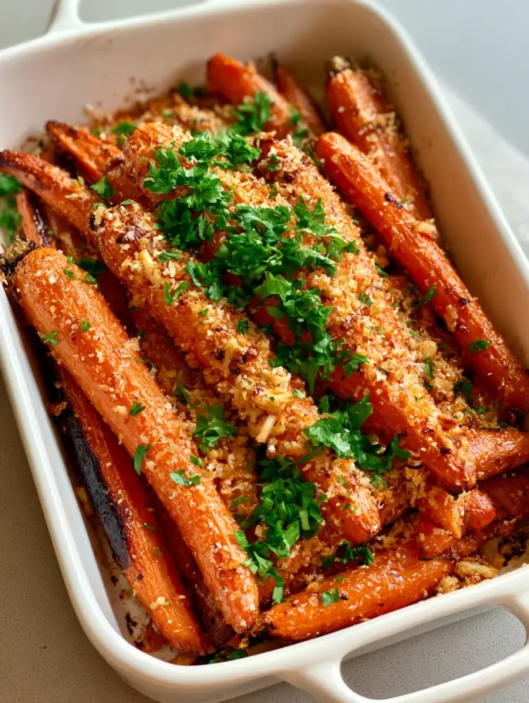 Garlic Parmesan Roasted Carrots (The Ultimate Crispy Side Dish) 1 A smartphone photo of tender Garlic Parmesan Roasted Carrots in a ceramic dish on a gray surface.