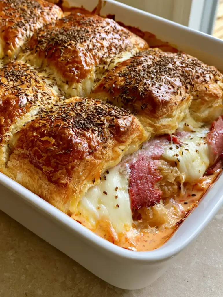 Reuben Casserole With Flaky Crescent Crust and Caraway Seeds 1 A top-down view of the Reuben Casserole highlighting the dark caraway seeds on the buttery crust.
