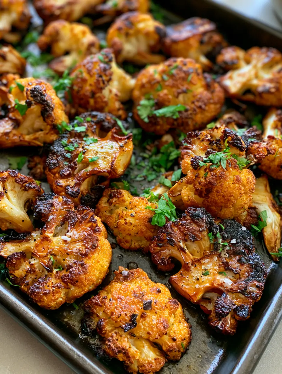 Crispy Roasted Cauliflower: The Ultimate Caramelized Side Dish 3 Smartphone photo of Crispy Roasted Cauliflower florets on a dark baking pan with deep brown charred edges.