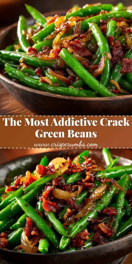 Crack Green Beans with Crispy Bacon and Brown Sugar Glaze 3 A vertical photo of Crack Green Beans in a dark baking dish, featuring a glossy brown sugar glaze and crispy bacon bits.