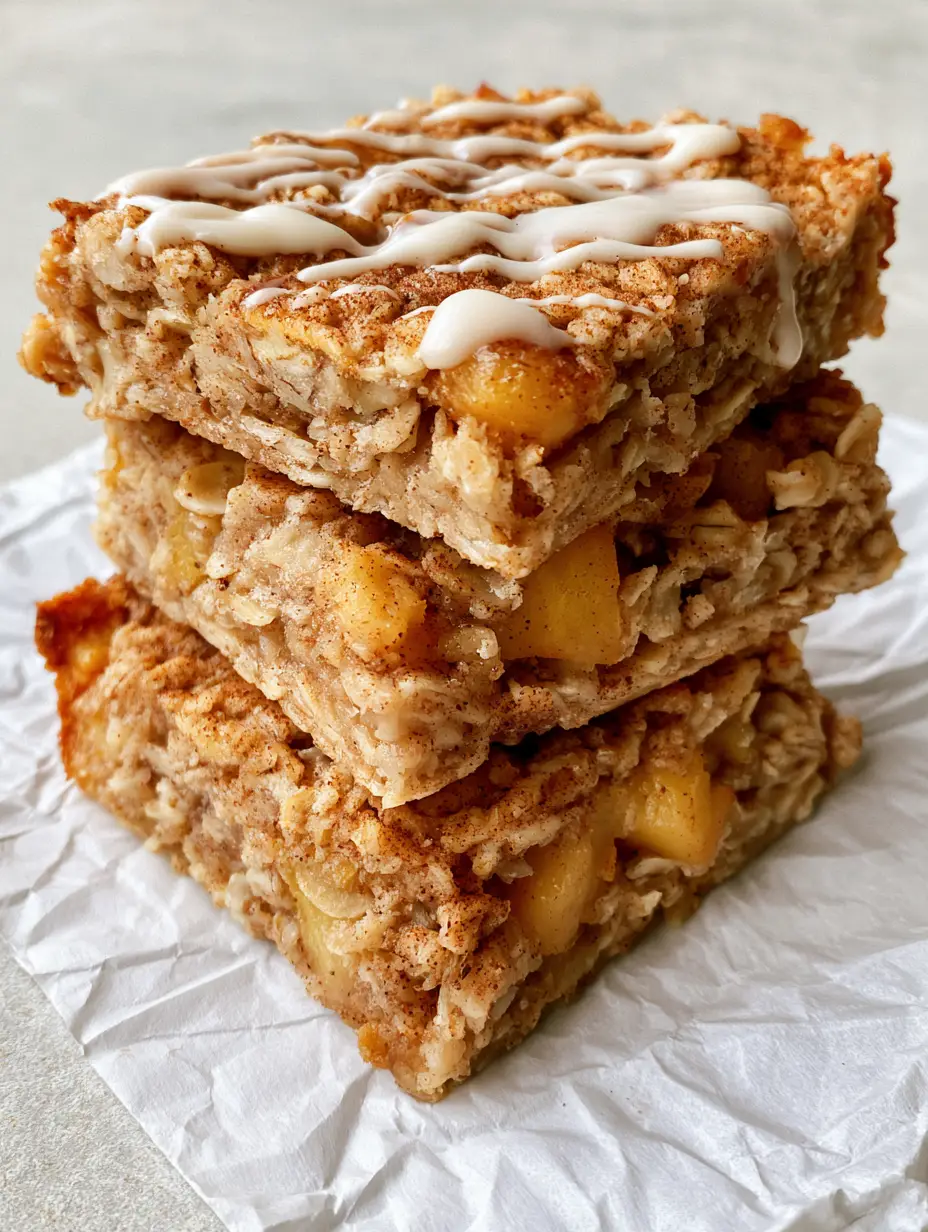 Close up of Apple Cinnamon Oatmeal Bars showing texture of oats and apple chunks.