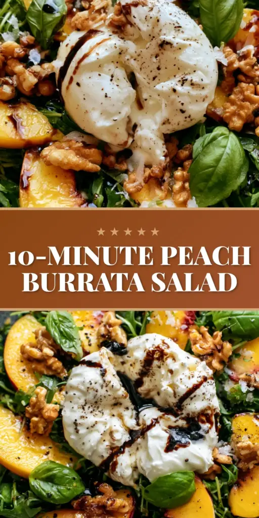 A top-down macro shot of a summer peach salad featuring yellow peaches, torn burrata cheese, and a thick balsamic glaze drizzle in a charcoal bowl.